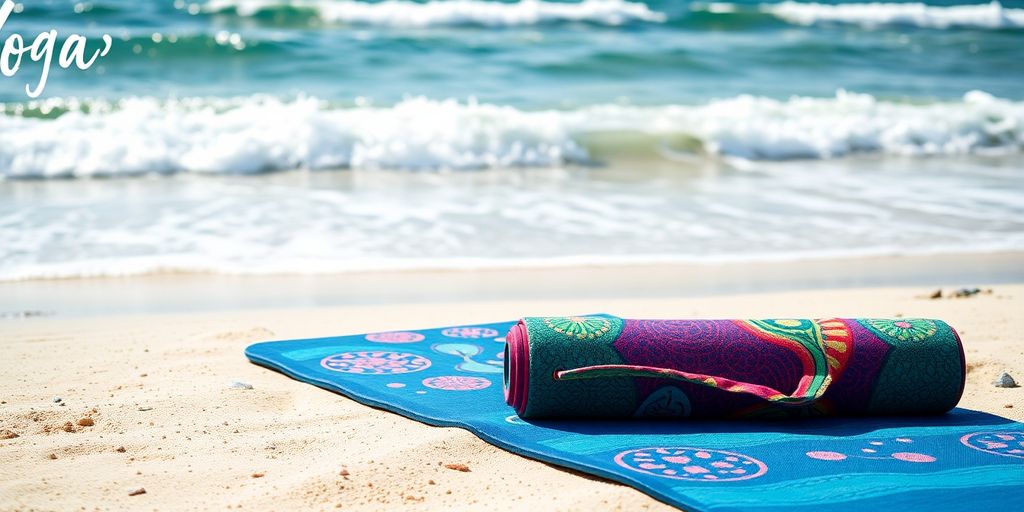 Portable yoga mat on a beach with ocean waves.