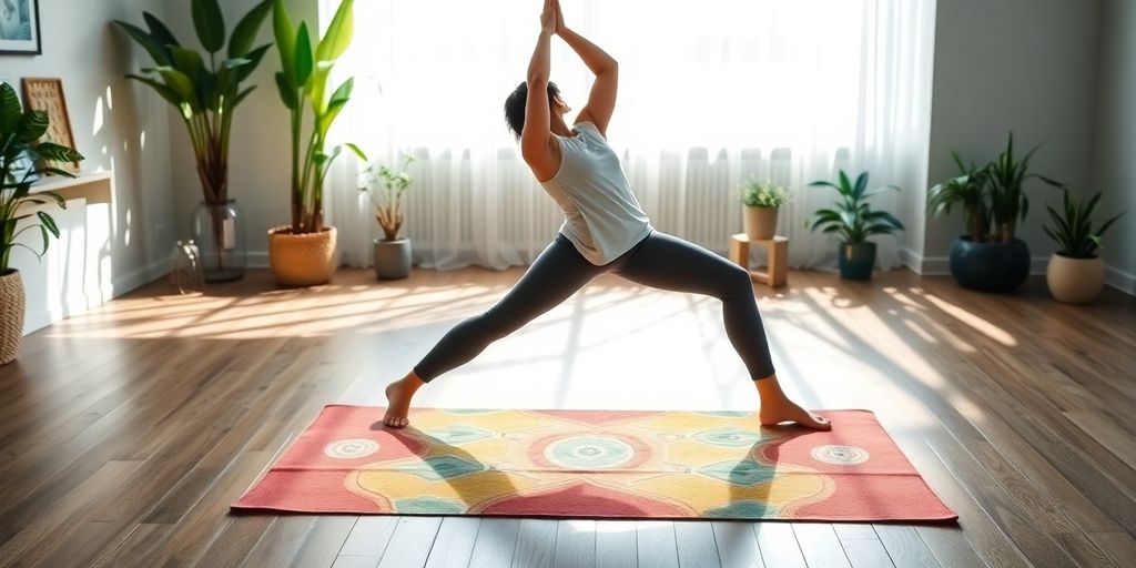 Colorful yoga mat with a person practicing yoga.