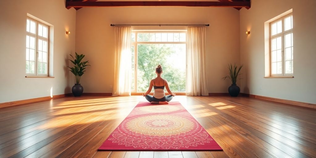 Colorful yoga mat in a peaceful studio setting.