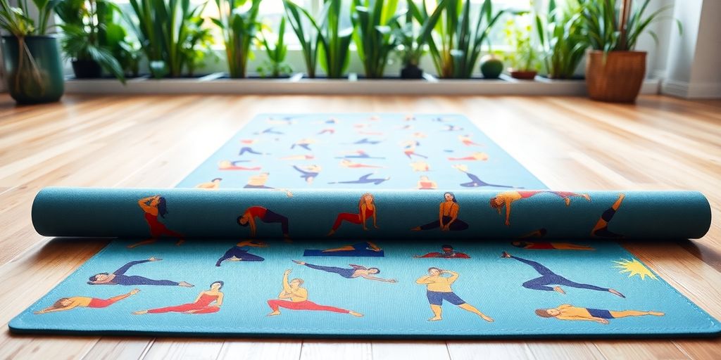 Yoga mat with printed poses on a wooden floor.