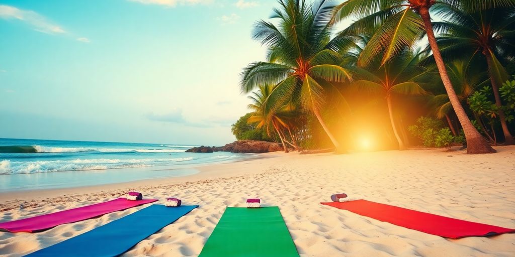 Colorful yoga mats on a sandy beach at sunset.