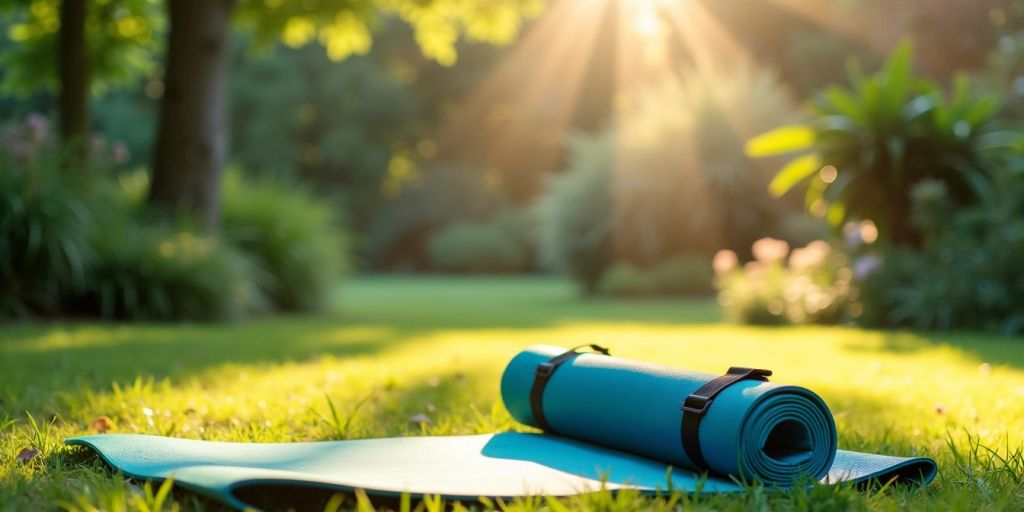 Foldable yoga mat in a serene outdoor setting.