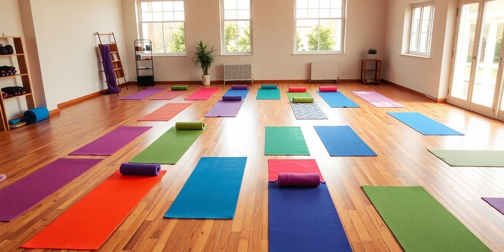 Colorful yoga mats in a bright yoga studio.