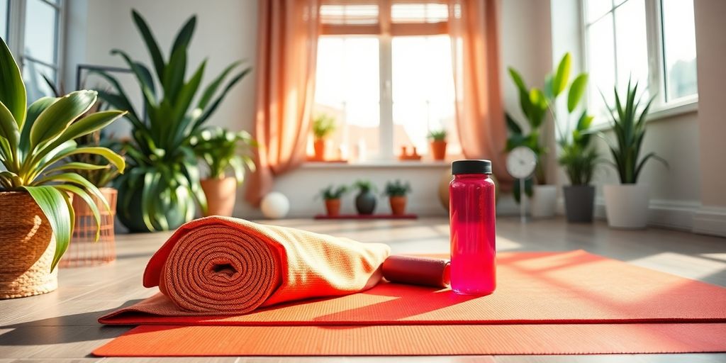 Colorful non-slip yoga mat in a bright studio setting.