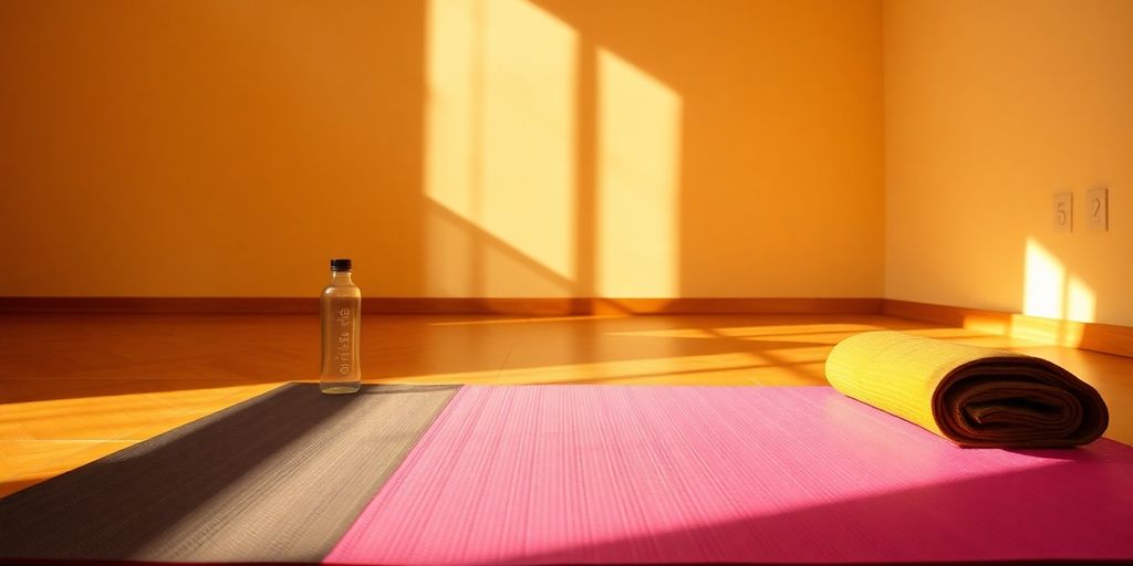 Colorful yoga mat in a sunlit studio for hot yoga.