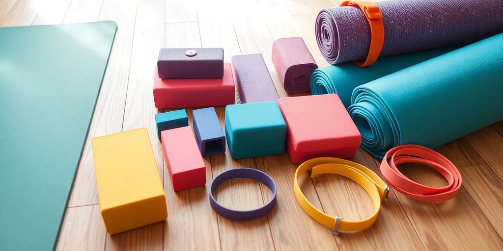 Colorful yoga mats and accessories arranged on a floor.