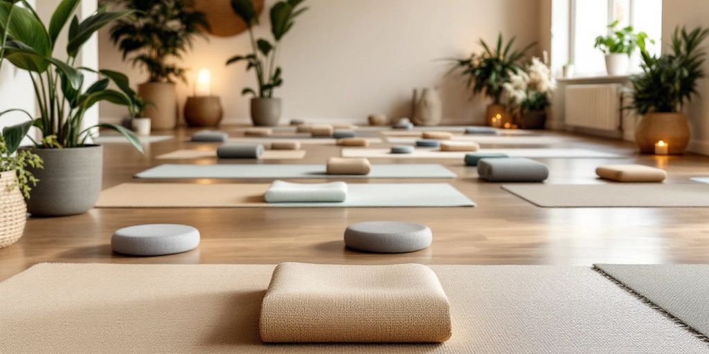 Eco-friendly yoga mats in a serene studio setting.