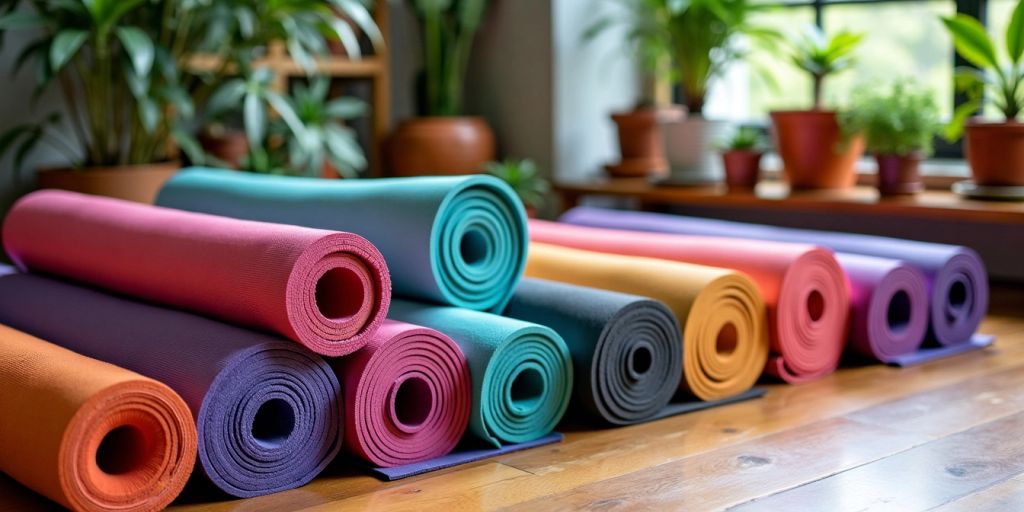 Colorful eco-friendly yoga mats on a wooden floor.