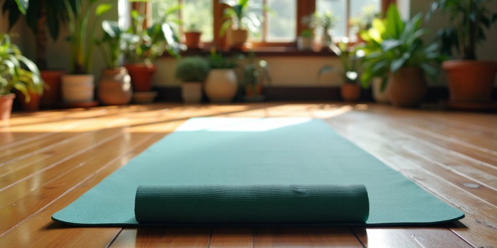 Thick yoga mat on a wooden floor with plants.