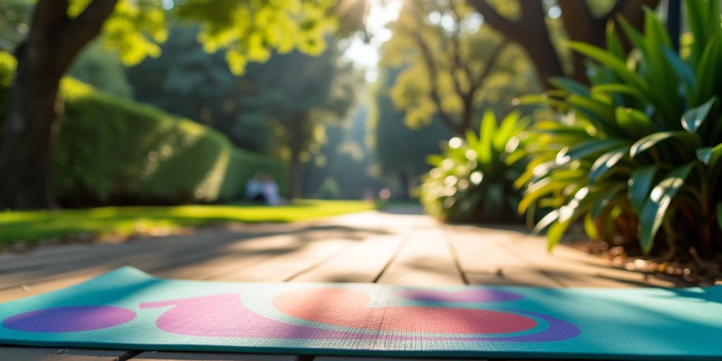 Colorful yoga mat on grass in a peaceful setting.