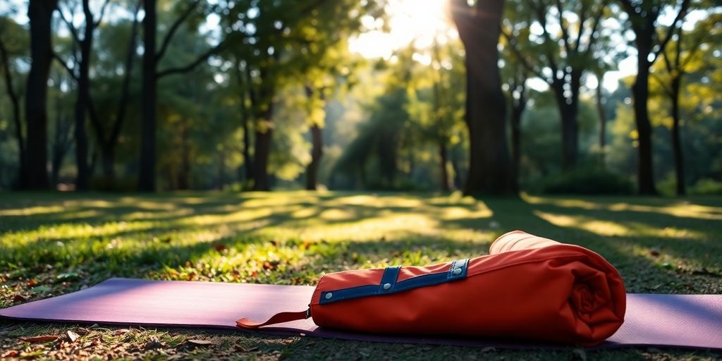 Yoga mat and bag in a serene natural setting.