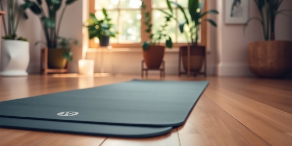 Lululemon yoga mat on wooden floor in sunlight.