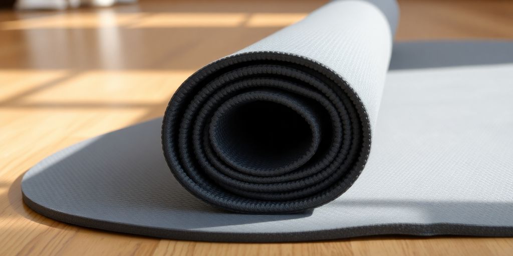 Thick yoga mat on a wooden floor under natural light.