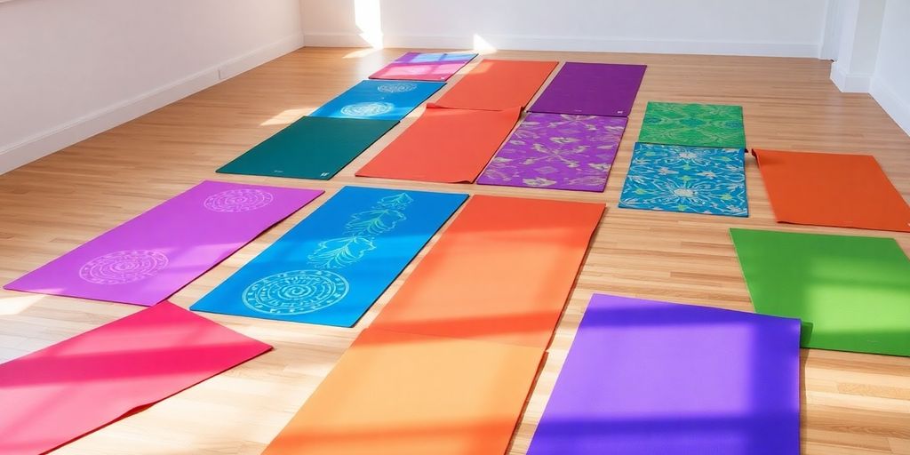 Colorful yoga mats arranged on a bright studio floor.