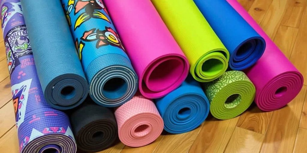 Colorful custom yoga mats displayed on a wooden floor.