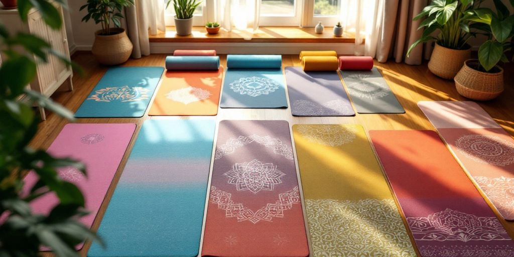 Colorful yoga mats in a peaceful home setting.