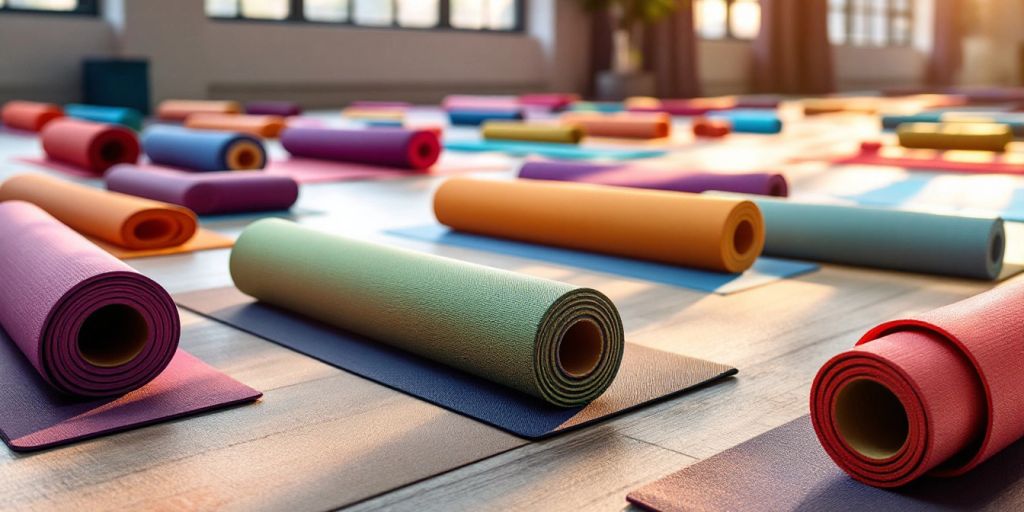 Colorful Lululemon yoga mats in a bright studio.