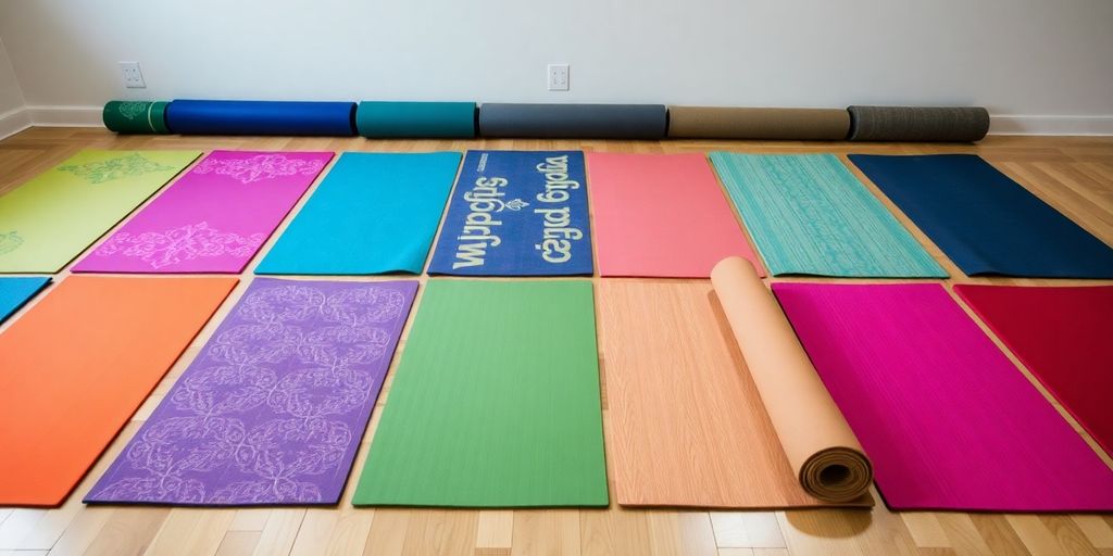 Colorful yoga mats arranged on a studio floor.