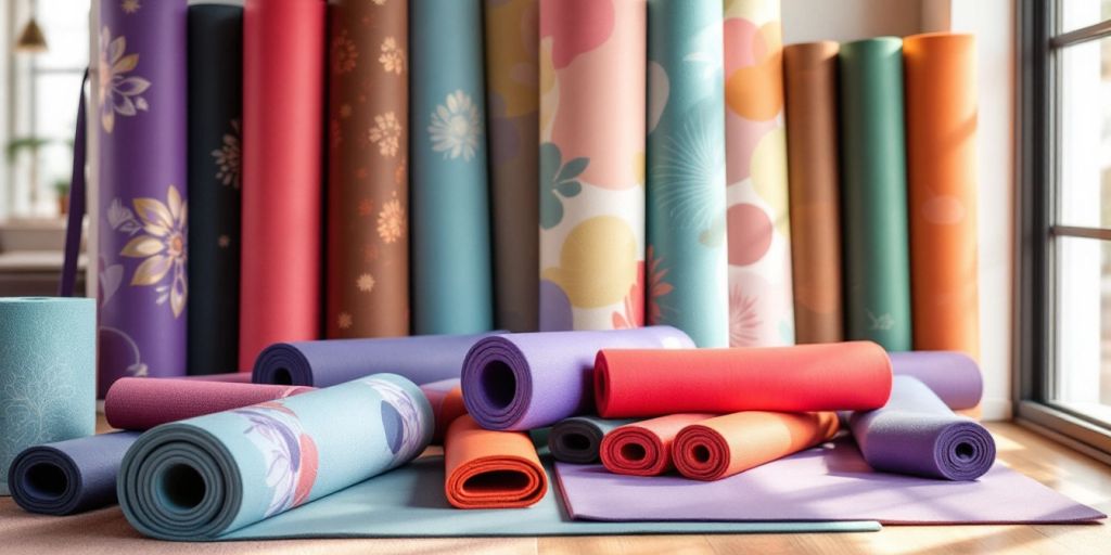 Colorful yoga mats in a serene studio environment.