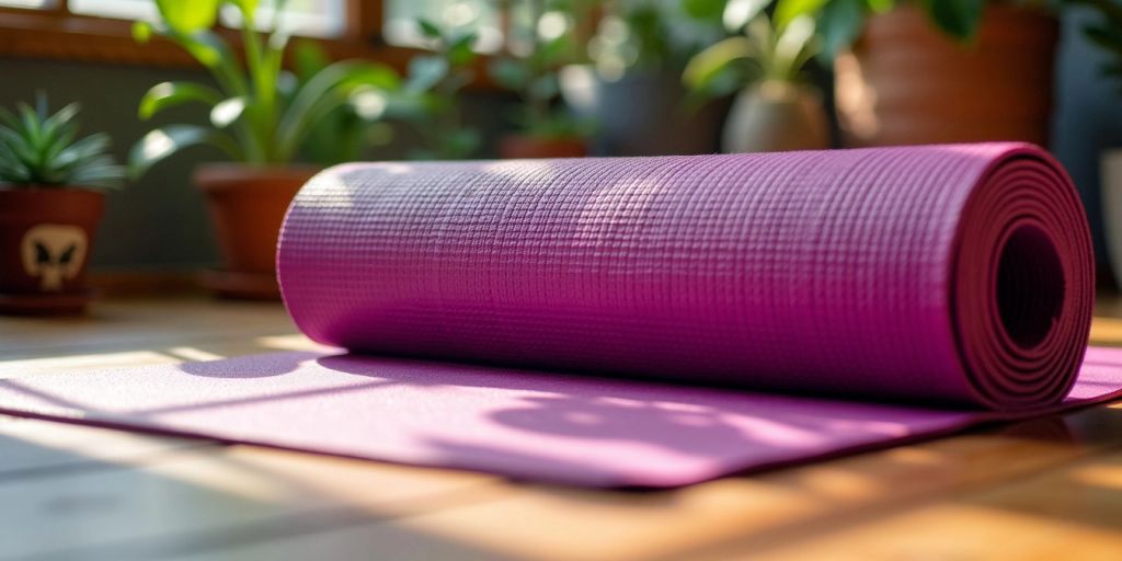 Close-up of a thick yoga mat on wooden floor.