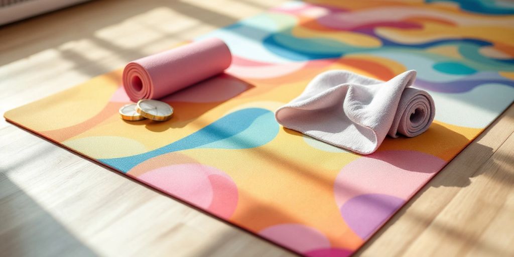 Yoga mat and towel combo on a wooden floor.