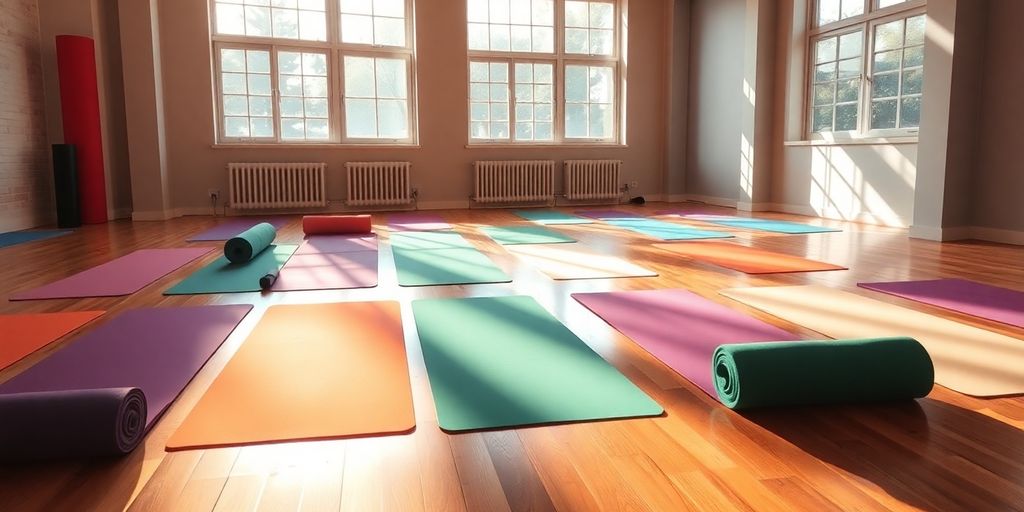 Colorful yoga mats in a bright studio for hot yoga.