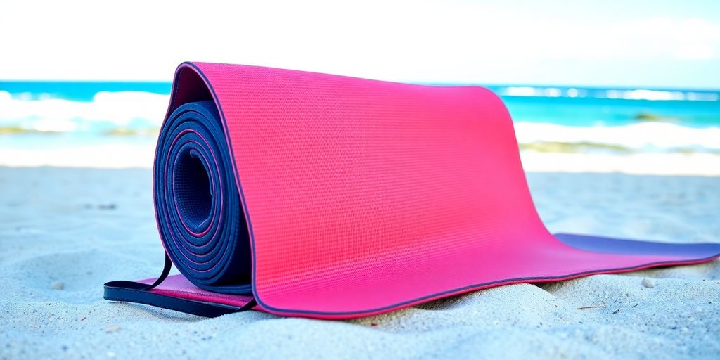 A portable yoga mat on a beach with ocean view.