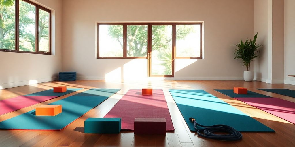 Yoga mats, blocks, and straps in a tranquil space.