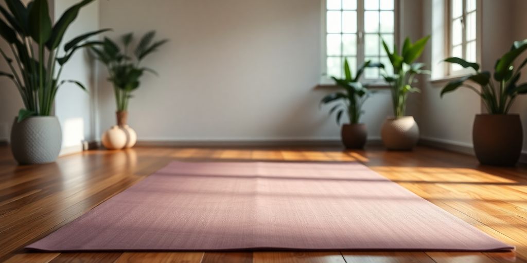 A peaceful yoga mat on a wooden floor.