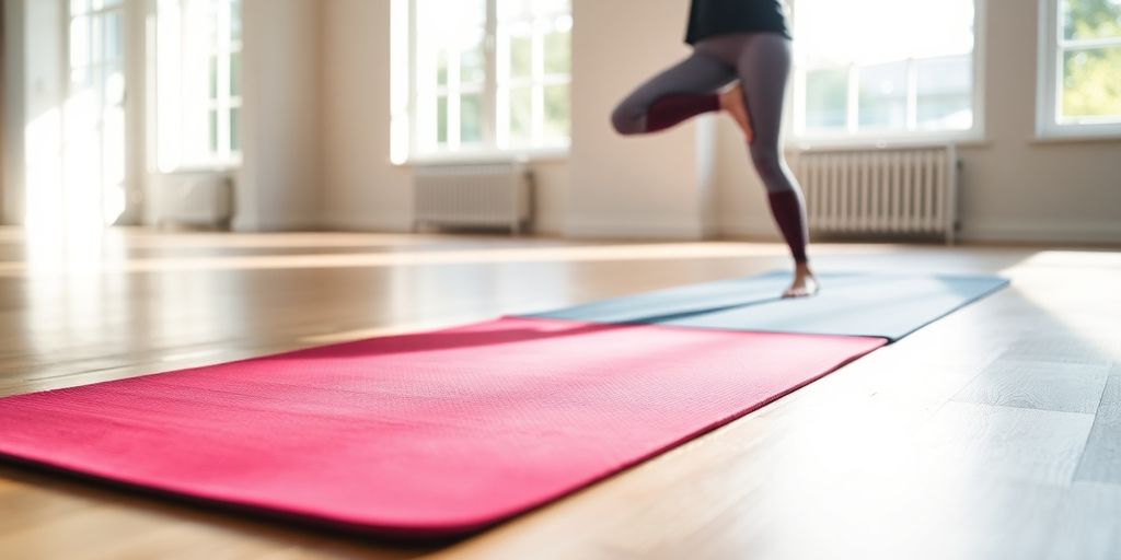 Vibrant grip yoga mat on a peaceful studio floor.