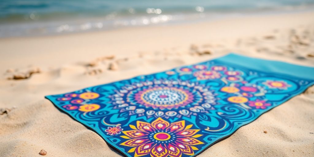 Vibrant yoga mat on serene beach with soft sand.