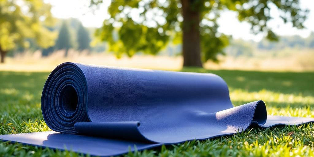 Photograph of a lightweight yoga mat in nature.