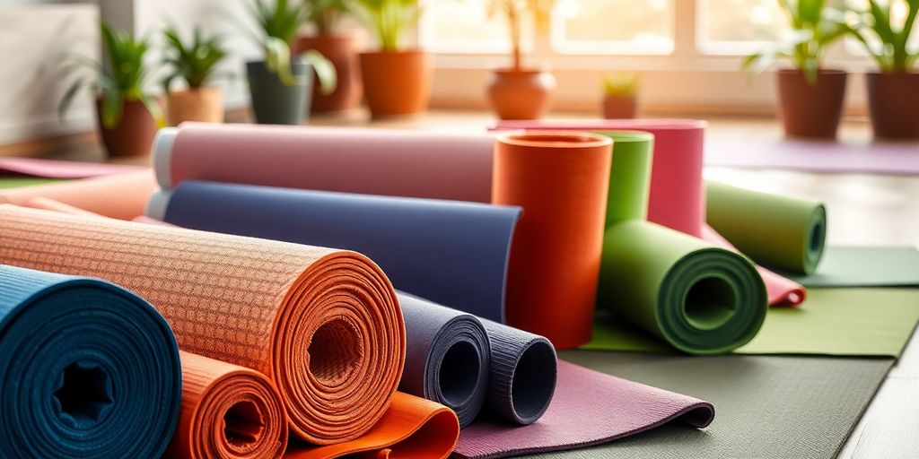 Colorful yoga mats in a serene, tranquil setting.