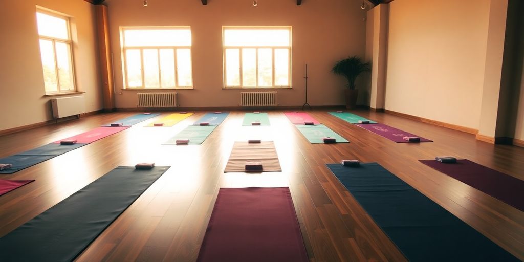 Colorful hot yoga mats in a serene studio setting.