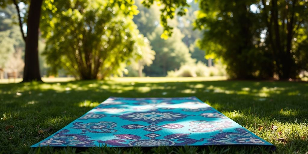 Colorful yoga mat in a tranquil outdoor setting.