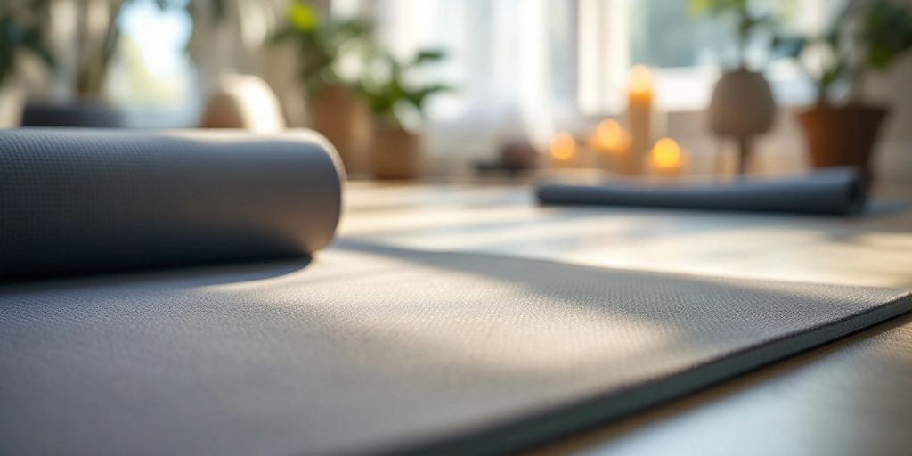 Close-up of a cushioned yoga mat on a studio floor.