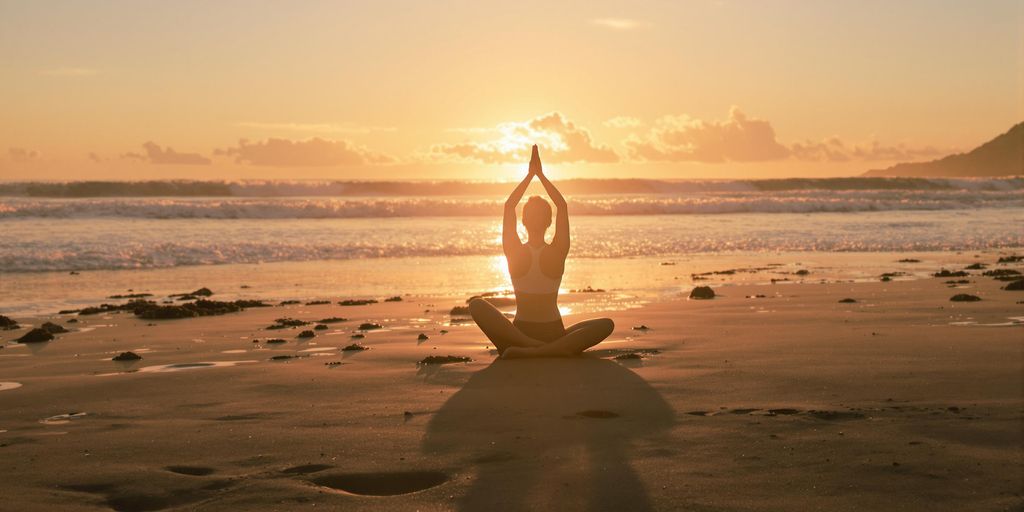 Person practicing yoga on a beach at sunset.