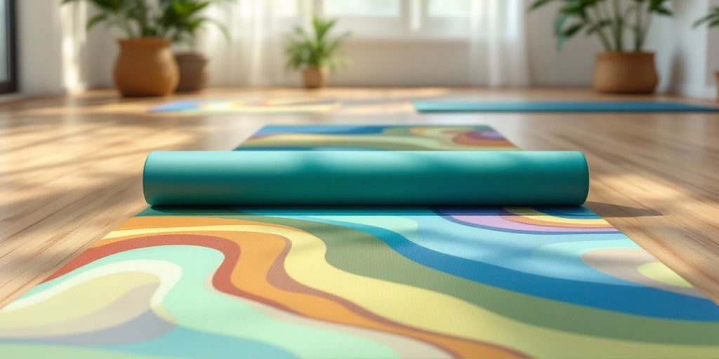 Colorful hot yoga mat on a wooden floor.