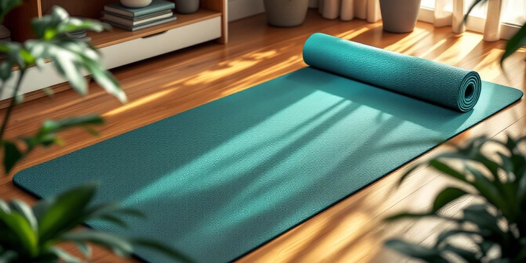 Thick folding yoga mat on a wooden floor.