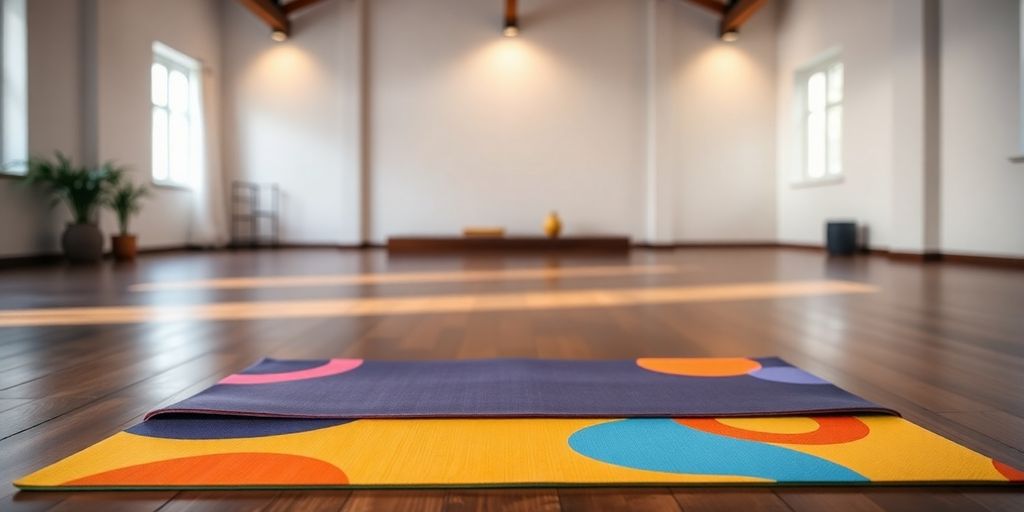 Colorful non-slip hot yoga mat in a serene studio.