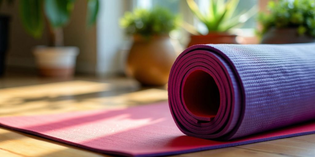 Close-up of a thick yoga mat with plants.