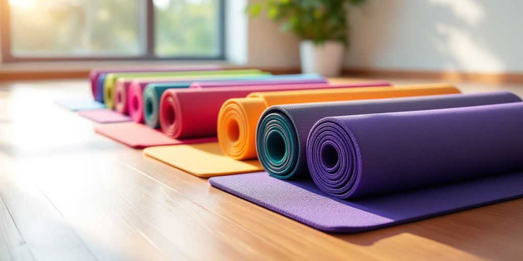 Colorful non-slip yoga mats in a bright studio.