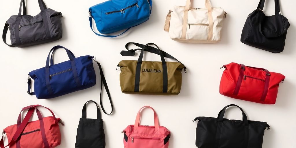 Colorful Lululemon bags arranged on a neutral background.