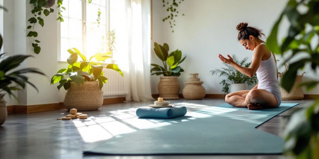 Yoga practice on a large mat in a bright studio.