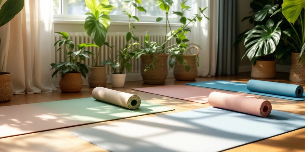 Vegan and eco-friendly yoga mats in a serene setting.