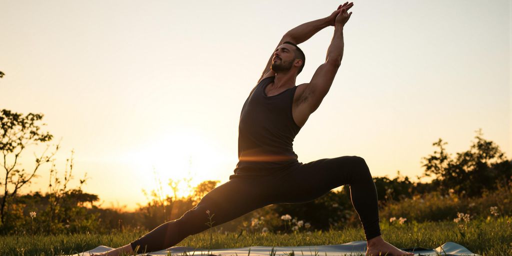 Man practicing yoga outdoors, highlighting strength and flexibility.