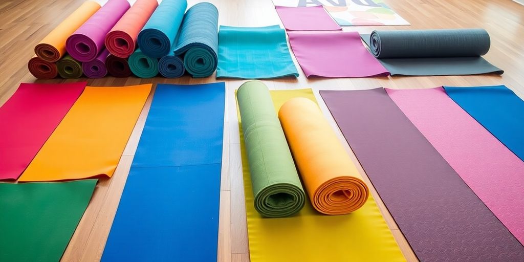 Colorful yoga mats on a wooden floor.