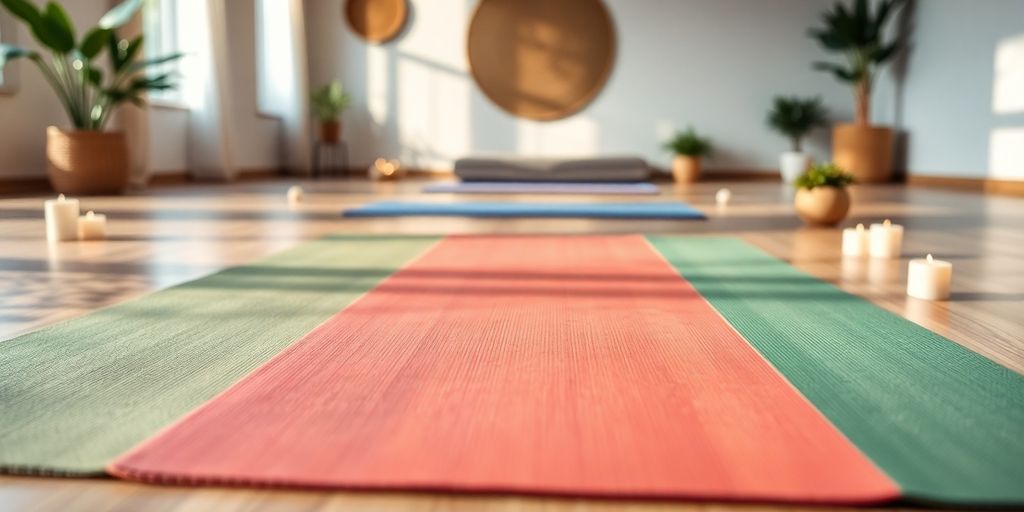 Colorful yoga mat in a calm studio setting.