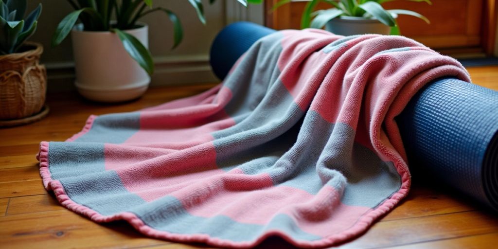 Colorful yoga blanket on a wooden floor with plants.