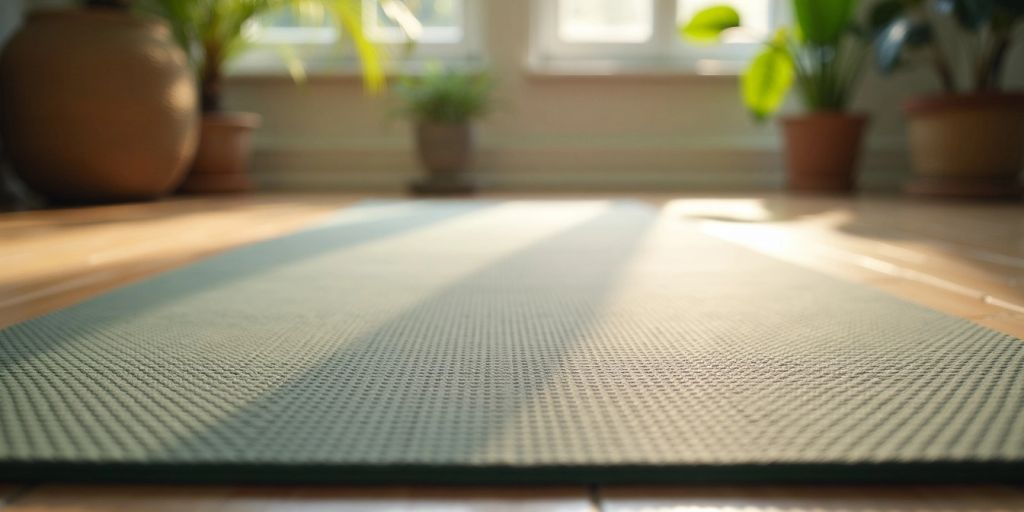 Thick yoga mat on a serene studio floor.